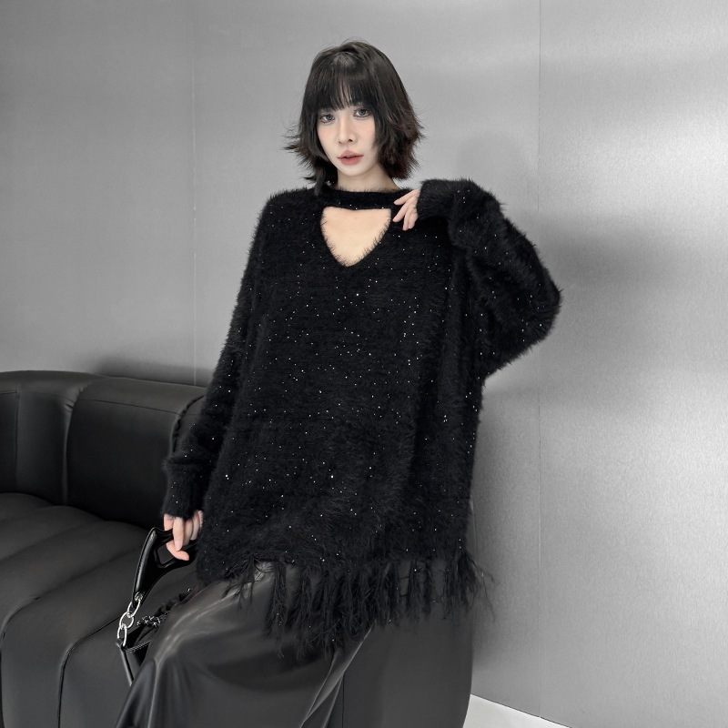 【J.Fashion】 2025秋 ニット 心型襟 キラキラ おしゃれ レディース セーター 関連商品購入可能 メガ割