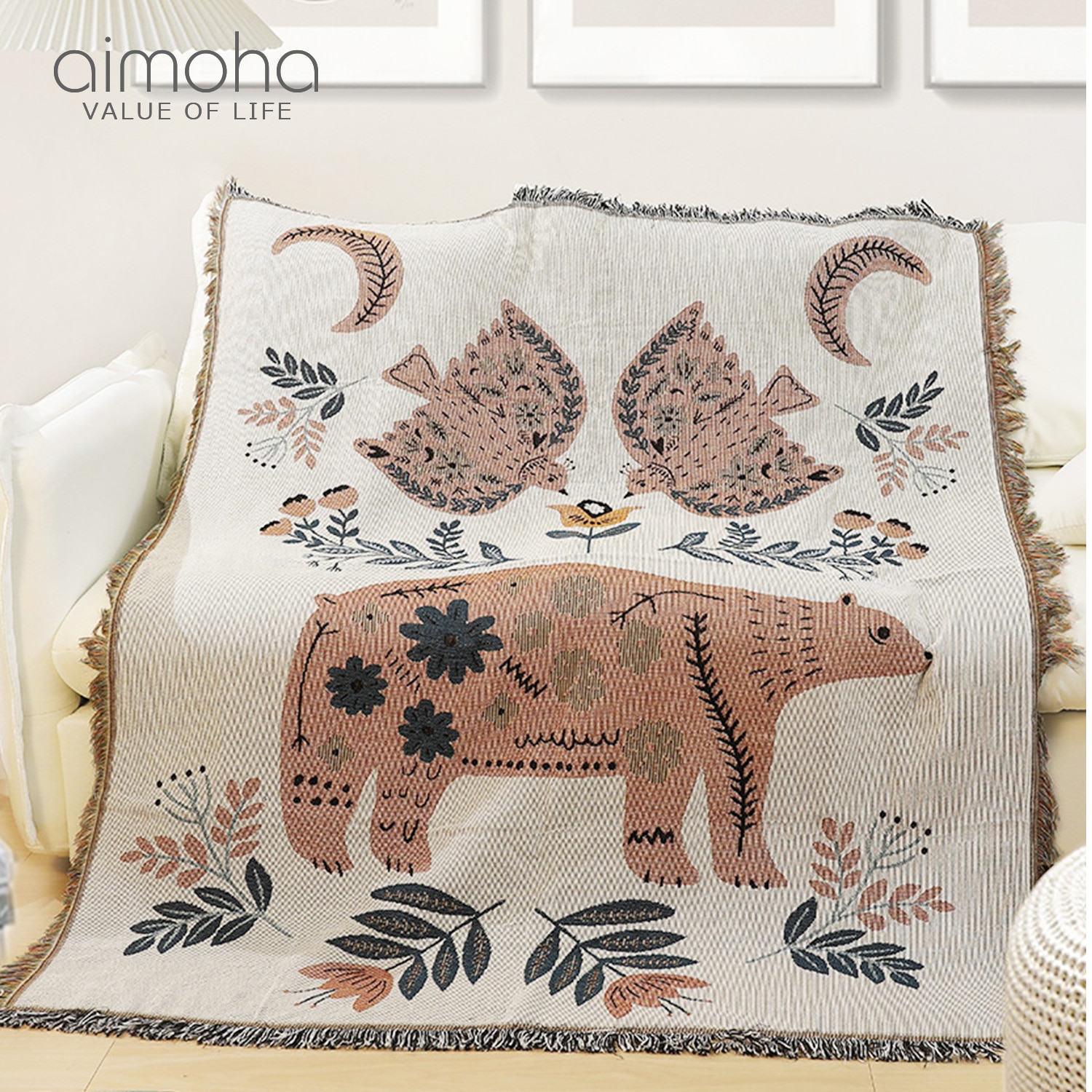 森の動物たちのマルチカバー ソファーカバー マルチカバー 綿100% ラグ おしゃれ カーペット 可愛い かわいい マット 韓国 インテリア ブランケット 136.5x157(フリンジ含む) 韓国雑貨