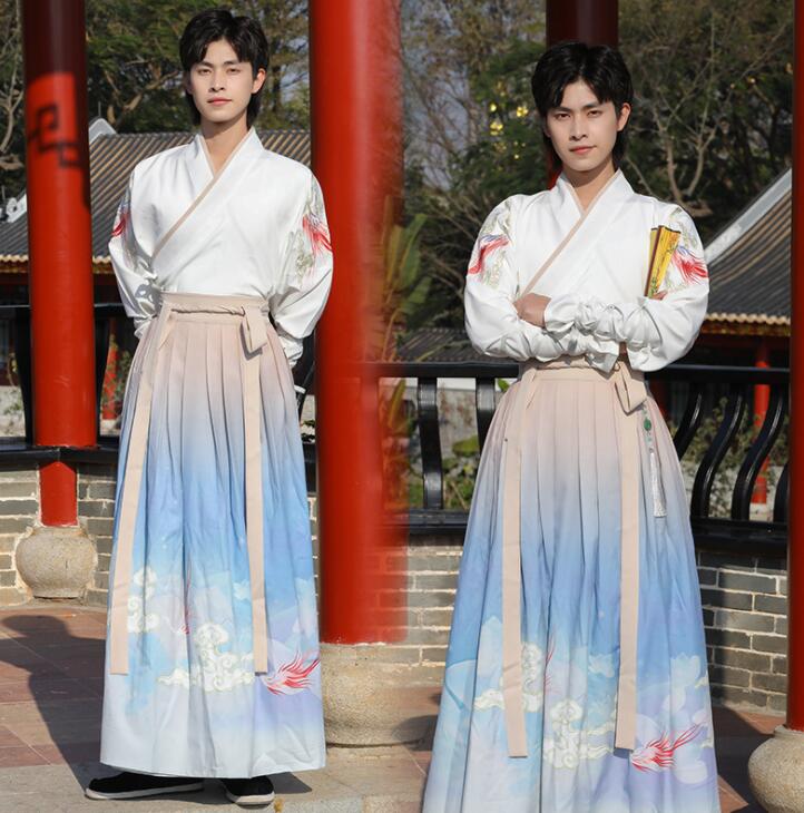 コスプレ 漢服 チャイナ服 メンズ 中華服 唐装 セットアップ ブラウス＋袴風スカート フェニックス刺しゅう 男性 中華衣装 中国古代コスチューム グラデーション カンフー衣装 武術 侠客 中華風 仮