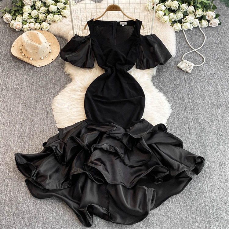 激安セール ハイウエスト 魚尾ワンピース エレガント 気質 フィッシュテールスカート パフスリーブ オフショルダー ロングスカート 宴会ドレス イレギュラー