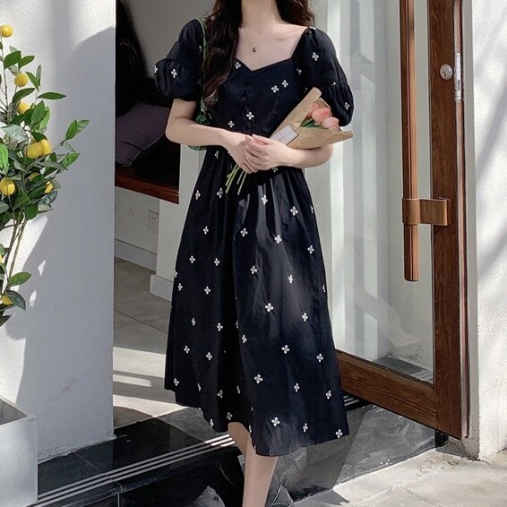 ワンピース 半袖 春夏 きれいめ かわいい aライン Aライン フレア ワンピドレス フレアスカート 膝下 ミディアム丈 ミドル丈 五分袖 ぽわん袖 パフスリーブ Uネック ラウンドネック 襟なし フ