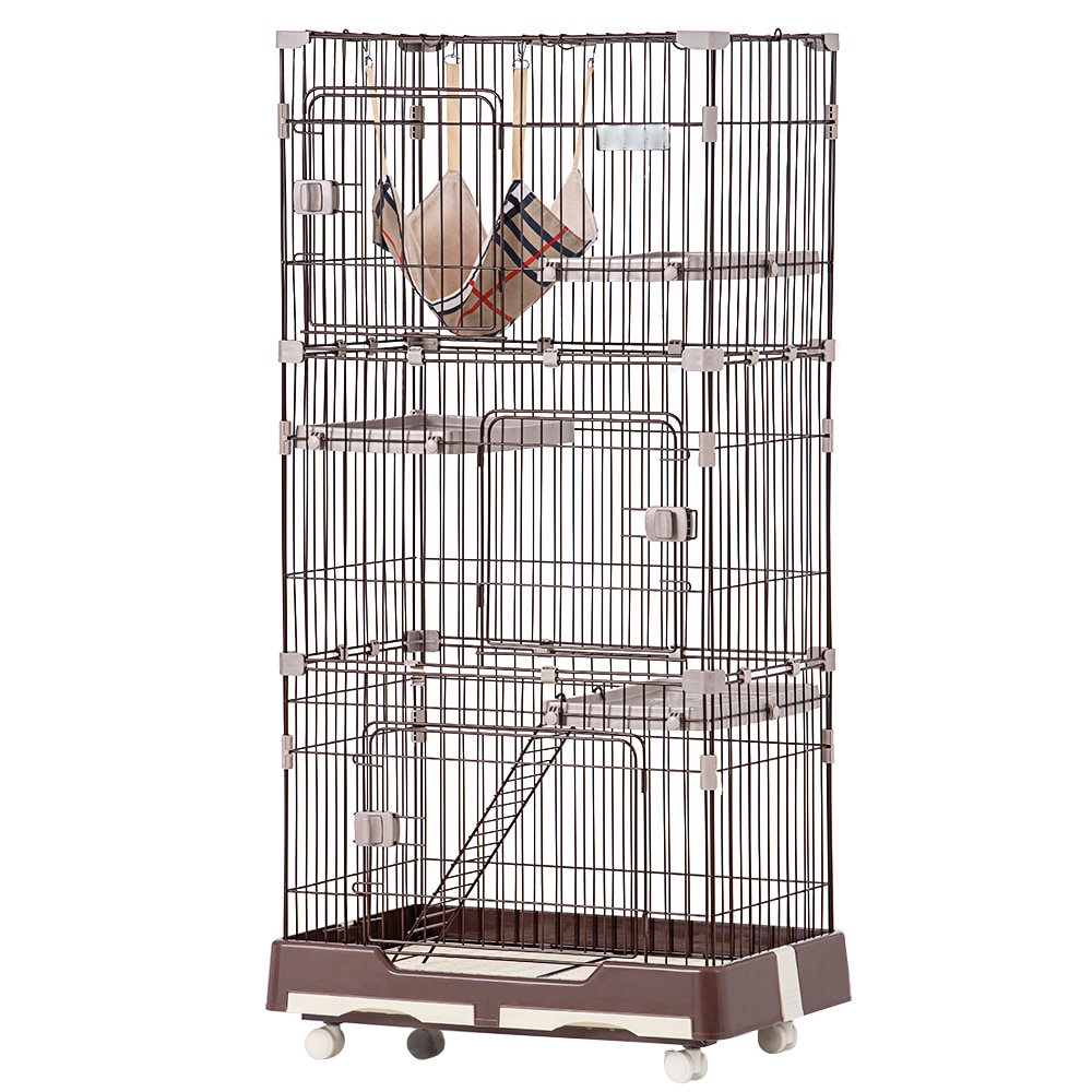 【国内即発送】猫 ケージ キャットケージ ペットケージ キャスター付 猫ゲージ 大型 多頭飼い ネコドア キャットハウス 1段2段3段可能 留守番 保護 脱走防止 おしゃれ (3段,ブラウン)