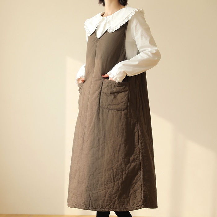 [韓国ファッション] ボンディング加工 Vネック ノースリーブ 中綿ロングワンピース