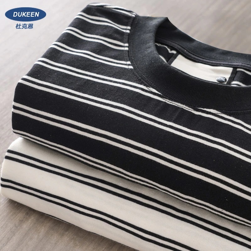 300gヘビー白黒ストライプtシャツメンズ半袖夏純綿レトロシーソウルシャツ男性半袖ティーンエイジャー