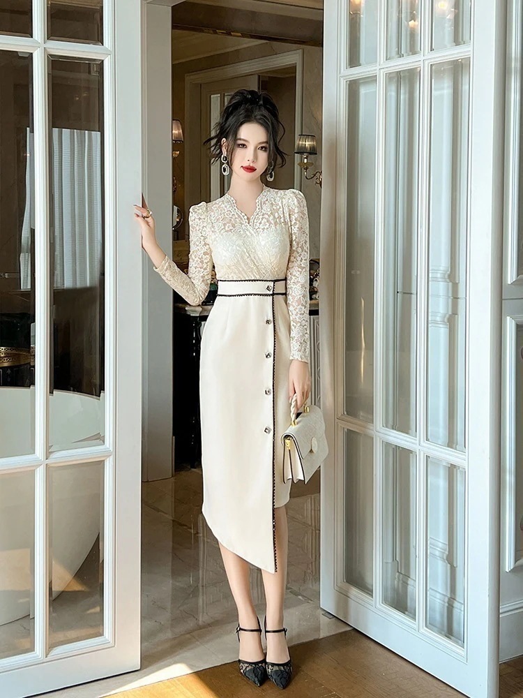 秋冬 レース ワンピース vネック パーティードレス キャバ 着痩せ 大人 お呼ばれ 同窓会 披露宴 卒業式 結婚式 ウェディング 二次会30%までに制限