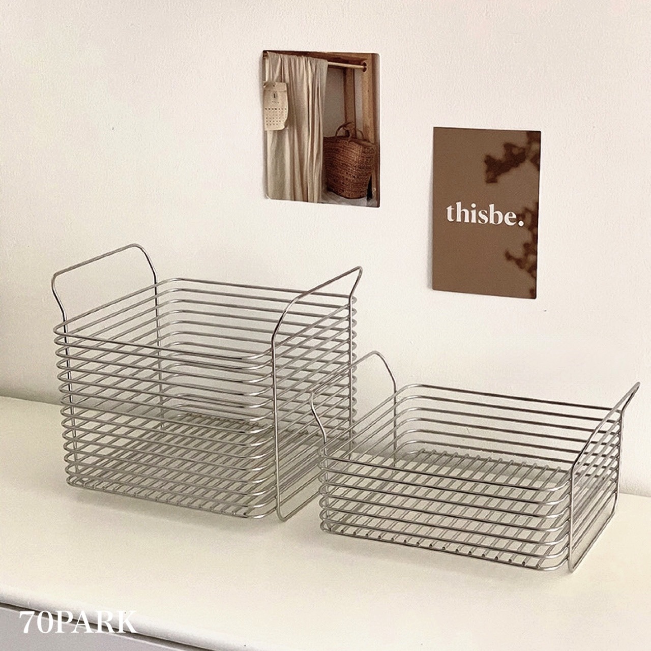 大小2点セット 持ち手付き ステンレス ワイヤー スタッキング バスケット カゴ コスメ収納 洗面台 ディスプレイ キッチン 韓国インテリア 韓国雑貨 韓国っぽ インテリア雑貨 韓国 70PARK