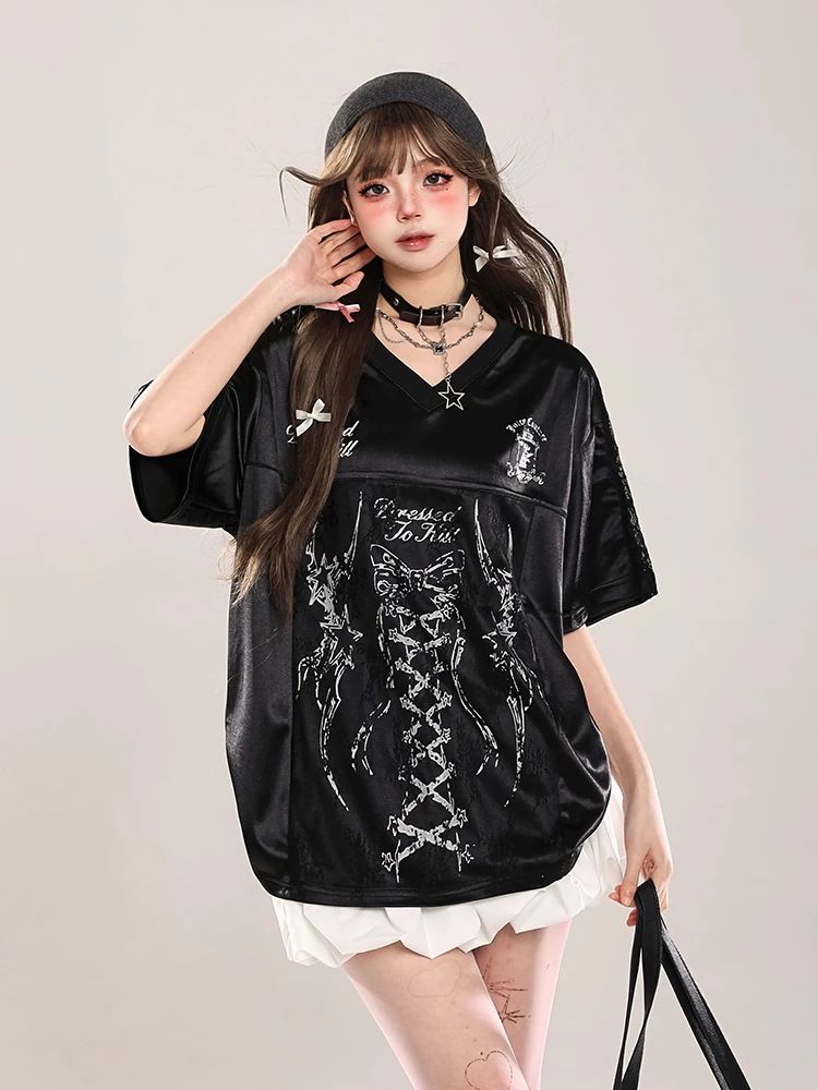 2025春夏 韓国可愛い風トップスレース切り替え Tシャツ K-PPファッション半袖ストリート系サイド丈フットシルエットシャツ衣装レディースサイズVネックユニセックスおしゃれカジュアルダンスラグラン 5,156円