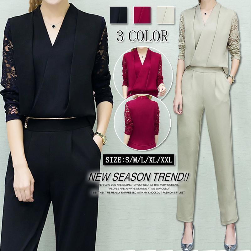 本日のプロモーション 期間限定オファー オールインワン パンツドレス パーティードレス レース袖 結婚式 セットアップ風 オーバーオール Vネック パーティドレス ブラウス シャツ 長袖 安い 20 5,072円