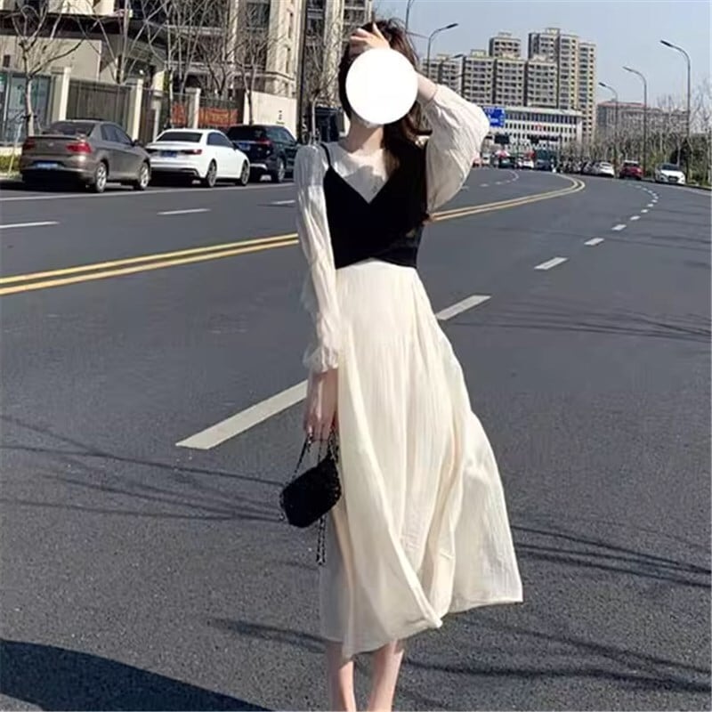 ワンピース ツーピース ミモレ丈スカート ミモレ ミモレ丈 ミモレ丈ワンピース 袖あり 長袖 ラウンドネック Aライン レギュラー ハイウエスト かわいい 大人可愛い きれいめ シンプル カジュアル