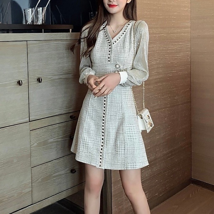 ワンピース 韓国 オルチャン レース シフォン 異素材 パーティードレス ドレス ワンピ 膝丈 ミニスカート ショート丈 袖あり 長袖 スリム タイト 細身 ストレート ウエストマーク Vネック