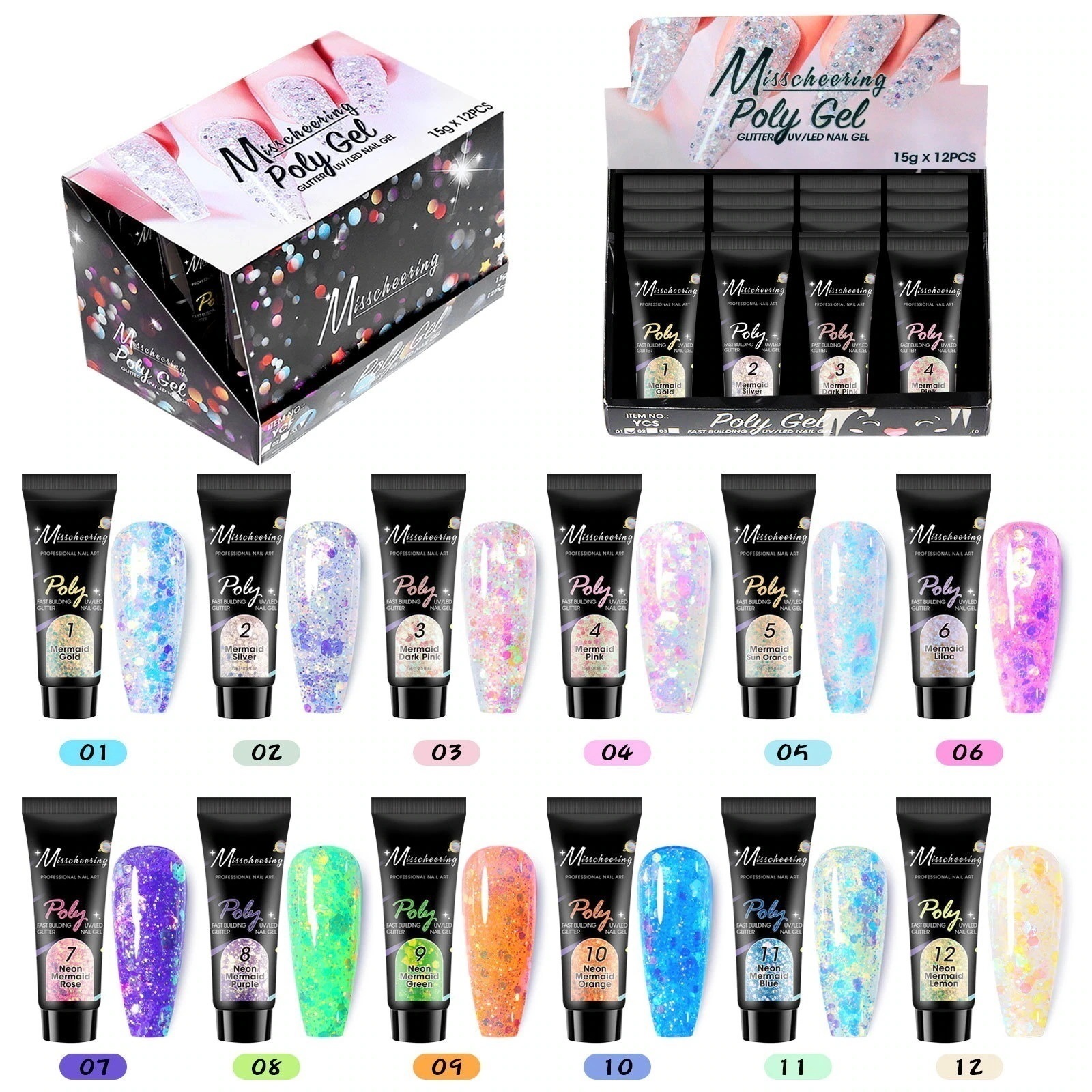 【期間限定】12色セット ジェルネイル 長さだし 15G ジェルネイルキット 長さ出しジェル ポリジェル UVLED対応 操作簡単 初心者用セット B382