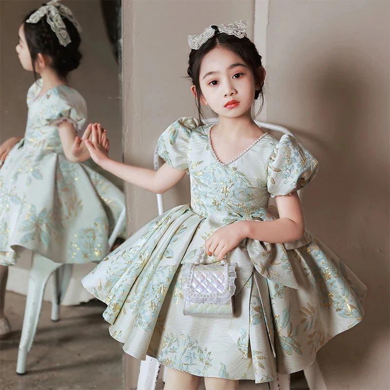 子供ドレス ショート丈 プリント花柄 リボン 可愛い 女児ドレス ワンピース ショート 入学式 卒業式 誕生日 女の子ドレス パフスリーブ 花柄 パール オシャレ 七五三ドレス キッズドレス