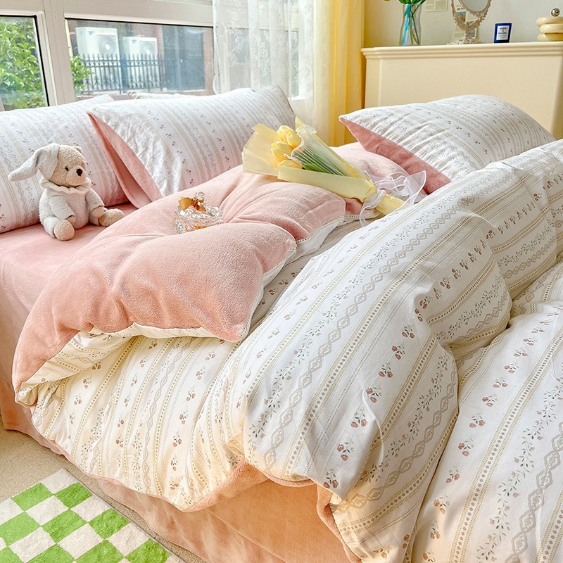 冬用コットンフリース裏地付き寝具 4 点セットAB 面オールコットン純綿ミルクフリースコーラルフリース羽毛布団カバーフィットシーツフランネル 3 点寝具セット
