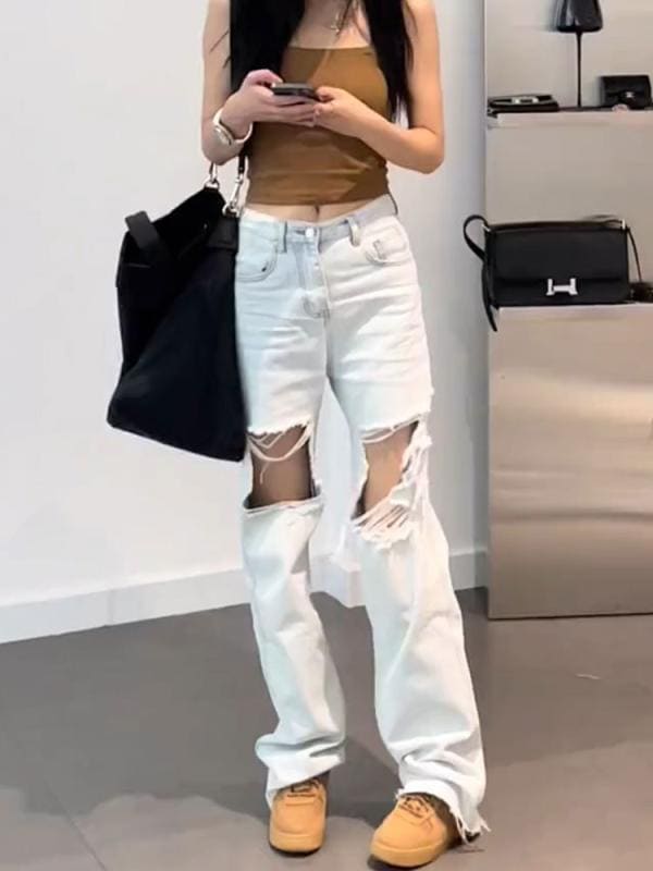 レディース ファッション オシャレ カワイイ シンプル 人カワイイ きいサイズ 白 ハイウエスト ストレート ジーンズ スリム ワイド レッグ ロング パンツ シック 5,988円