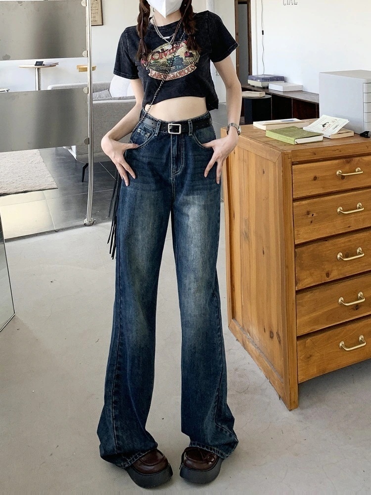 ハイウエストマイクロフレアジーンズ女性春新しいレトロブルlー細いストレートロングパンツ春春冬春と春