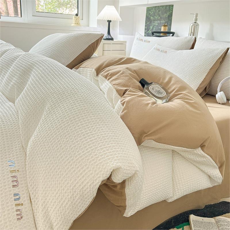 ワッフルコットン4ピースセットセットクラスaピュアコットンキルトカバーナントンウォッシュコットンベッド3ピースセットソリッドカラーベッドシートキルトカバー4