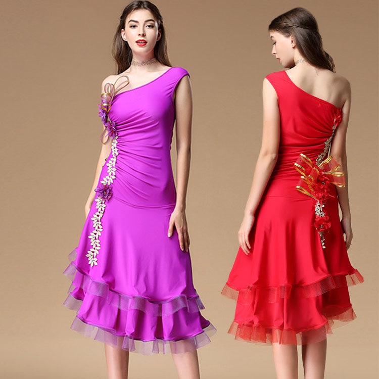 ベリーダンス ダンス衣装 ワンピース　 ワルツダンス　コスチューム ハロウィン コスプレ 仮装 パーティー 余興用 社交ダンス レッスン着　赤　 レッド 　紫　パープル　花　ワンピース　ラテン　演