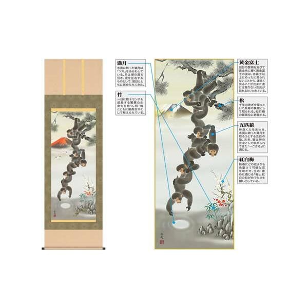 掛軸 月五猿霊峰図 久我直哉筆尺三 MD5-061 収納箱付き 十年間保証 受注生産品 10,046円
