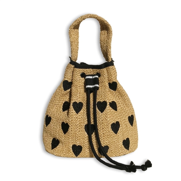 「韓国人気」 2Way ハート刺繍 ジュートバッグ 巾着バッグ かごバッグ ２色展開
