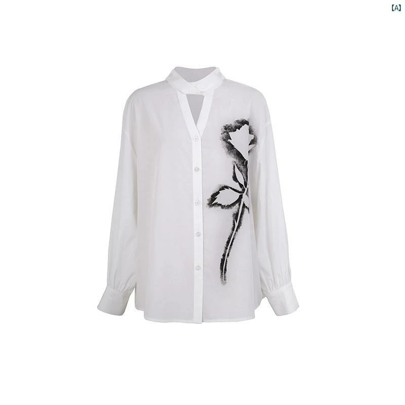 レディース　レディース　ファッション　オシャレ　　モダン　海外風 ローズプリント シャツ レディー スクール ホワイト コットン トップ