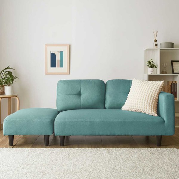 カジュアル カウチソファ ブルー オットマン付 肘付き 2人掛け フロアソファ ローソファ