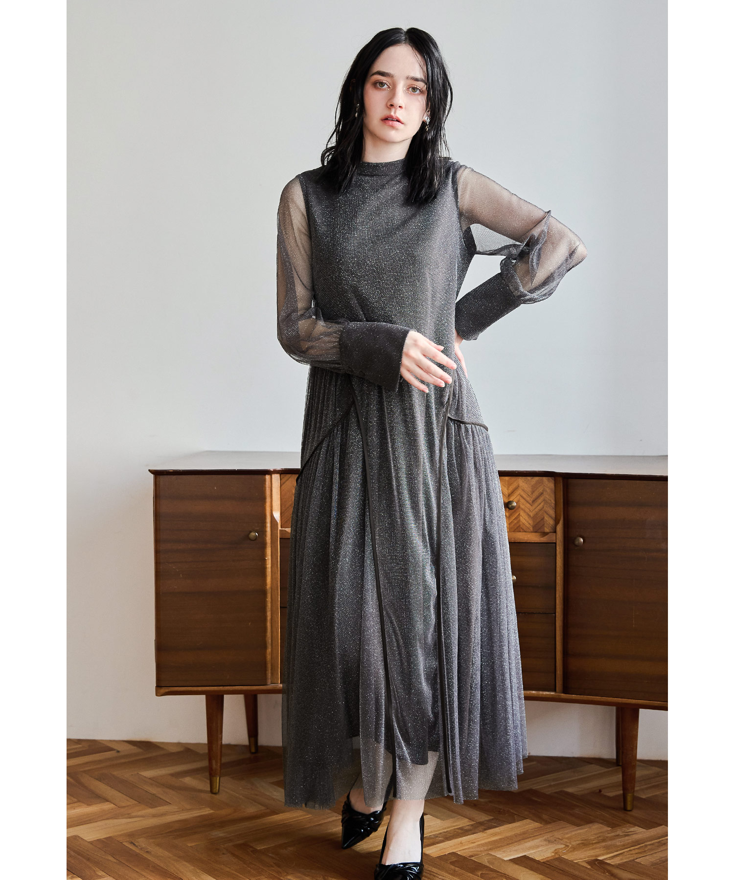 ラメチュールAラインドレス パーティードレス 結婚式 パイピング シアー 長袖 透け感 妊婦 マタニティ ママ 体型カバー 二の腕カバー ゆったり お呼ばれ パーティー 二次会 披露宴 謝恩会