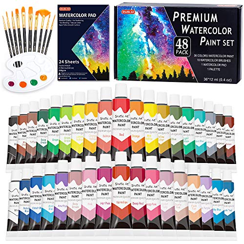 Shuttle Art 水彩絵の具 36色透明水彩 48点セット 筆10本 パレット 水彩紙付 12ml チューブ 大人の塗り絵 水彩画 お絵描き 美術 画材セット 学校用 幼稚園 初心者 専門家 プ