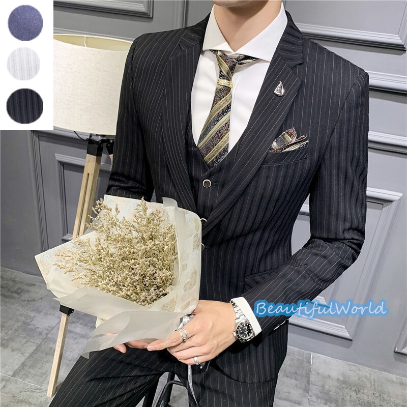 スーツ メンズ ビジネススーツ 3ピーススーツ スーツセットアップ カジュアルスーツ ボーダー柄フォーマルスーツ 洗える 紳士服 通勤 結婚式X33