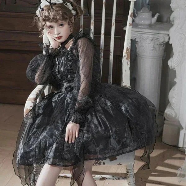 ゴシックロリータ ワンピース 黒 フリル 長袖 病みかわいい 膝丈 暗黒系 ロリータop プリンセスドレス Lolita ロリータ服 リボン コスチューム コスプレ衣装 文化祭 学園祭 イベント ロ 5,866円