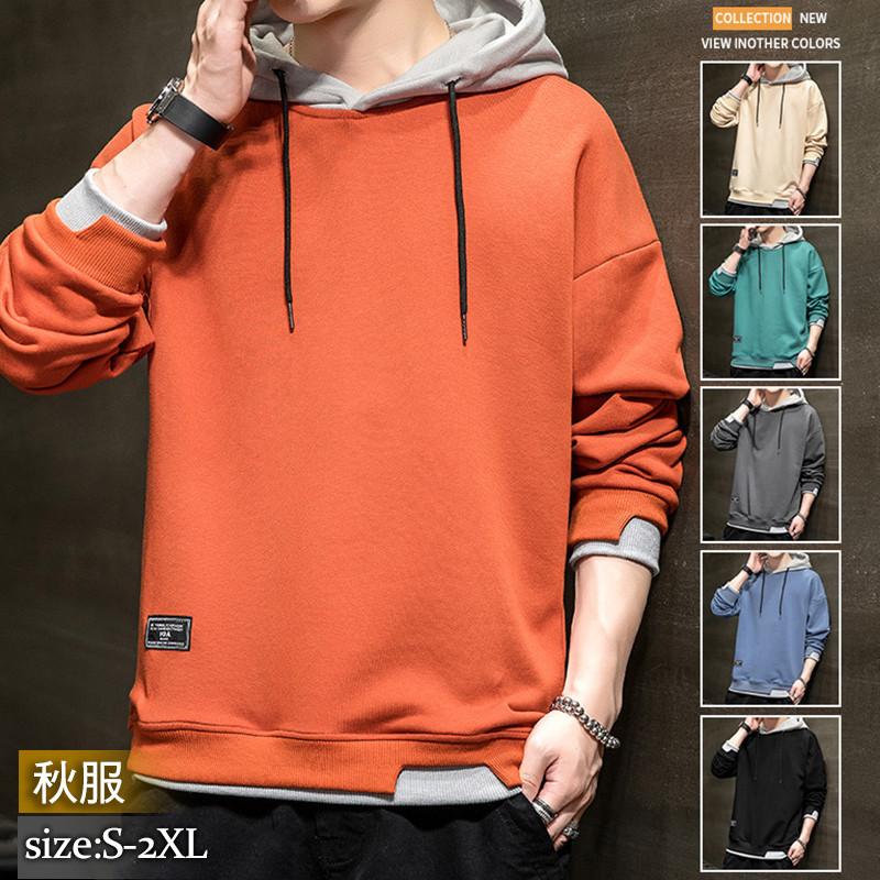 パーカーメンズプルオーバーフェイクレイヤードフード付き長袖トップスパーカスポーツメンズファッションゆったり秋物秋冬