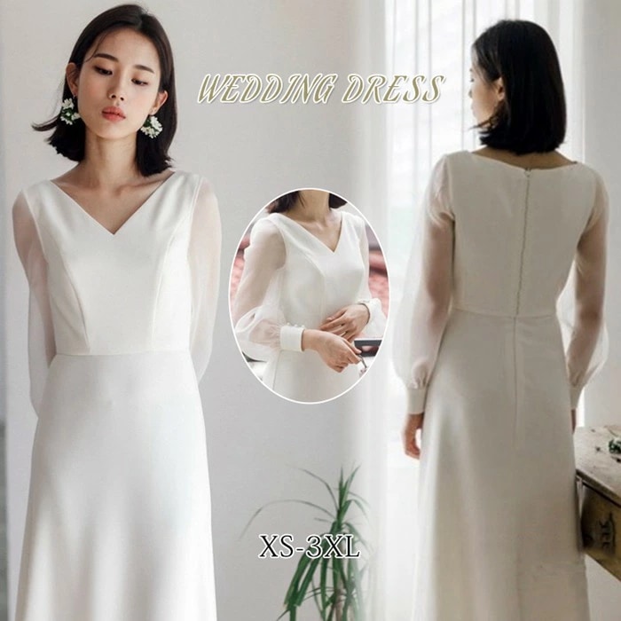【前撮り ドレス ワンピース】ウェディングドレス エンパイアライン スレンダー 長袖 Vネック 結婚式 二次会 パーティードレス 披露宴 前撮り 後撮り ビーチフォト 二次会ドレス ロング 白 花嫁ド