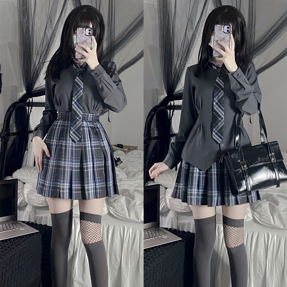 【1つ買うと10つ無料】Jkユニフォームスーツレディースグレイホワイトウエスト閉鎖シャツ格子縞のスカート語
