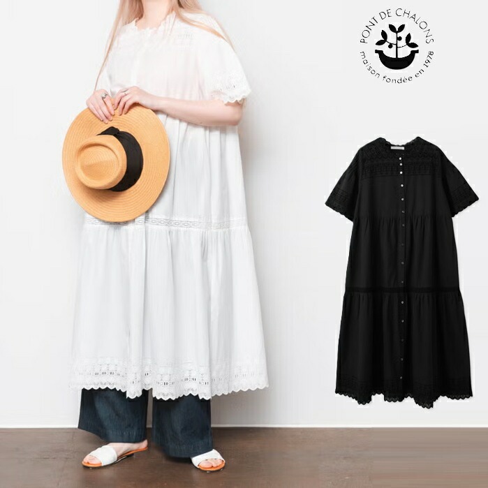 PONT DE CHALONS ポンデシャロン エンブロイダリーレースワンピース（ペチコート付）半袖 ブラウス レディース ポケット付き コットン 26SS サマードレス
