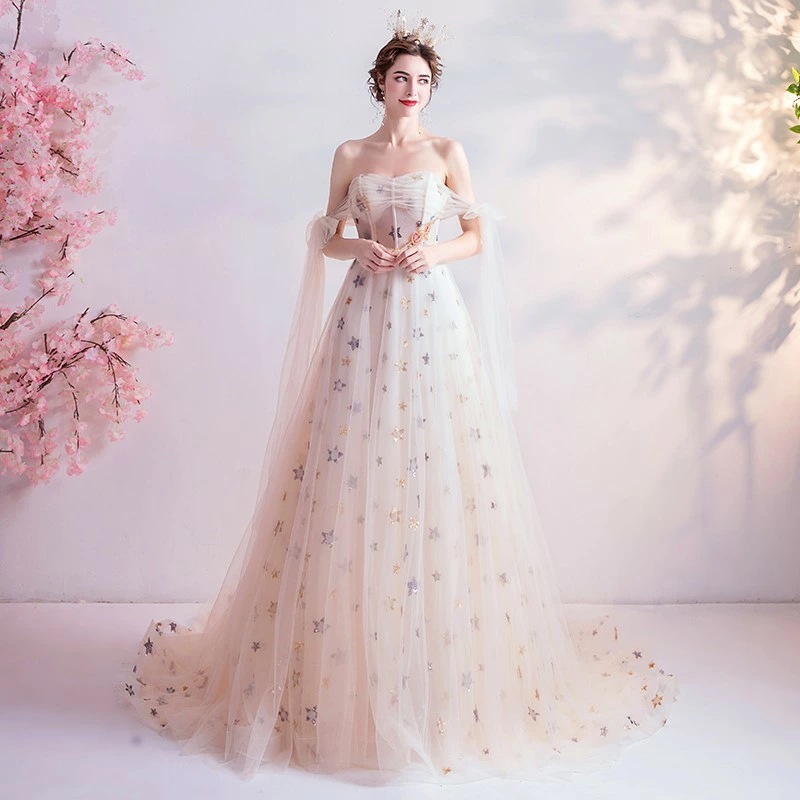 カラードレス 編み上げタイプ パーティードレス 半袖 ロングドレス トレーンタイプ Aラインドレス ステージ 衣装 豪華ドレス オフショルダー イブニングドレス フォーマルドレス 前撮り撮影 二次会