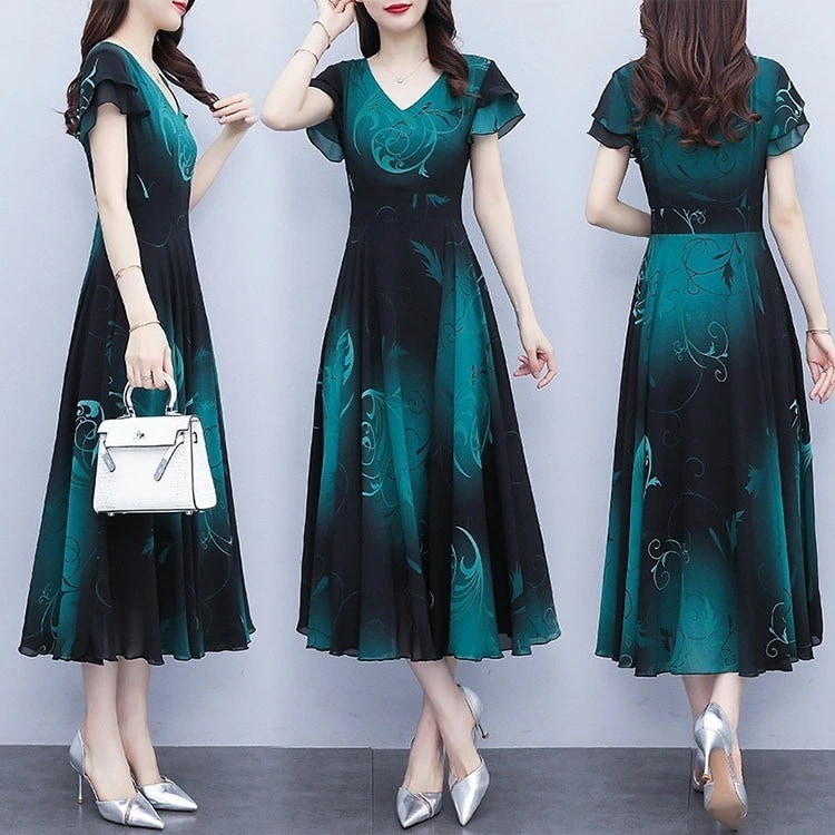 【2025新作】ワンピース レディース 40代 マキシワンピース 春夏 半袖ワンピース 花柄シフォン aランスカート Vネック オシャレ大きいサイズ 大人可愛い お出かけ 30代 50代