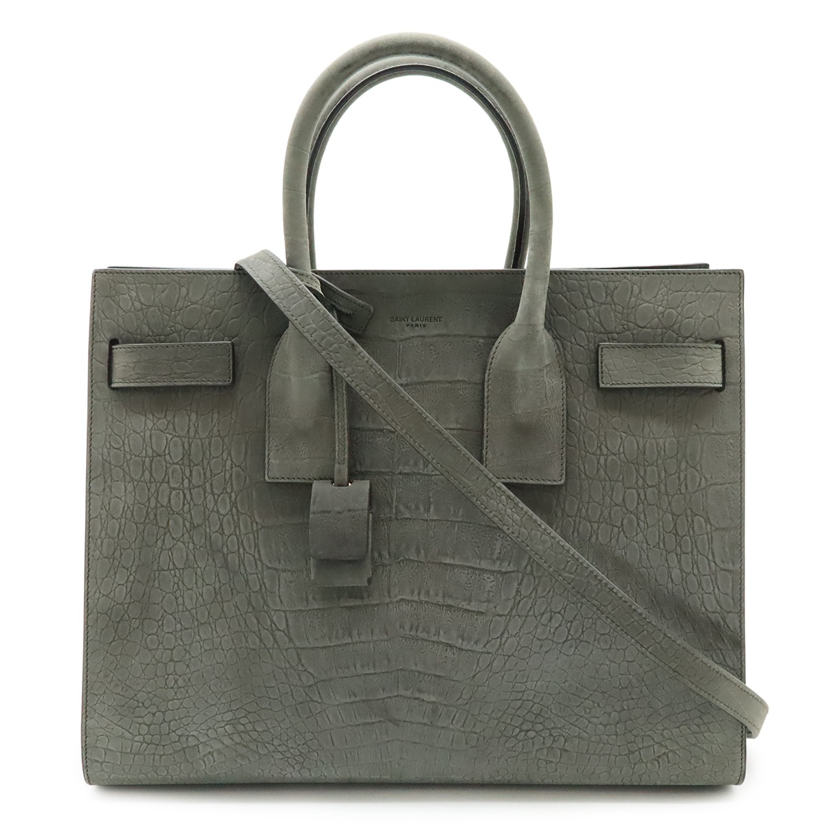 YSL サックドジュール スモール ハンドバッグ 2WAYショルダー クロコ型押し ヌバック グレー 37829