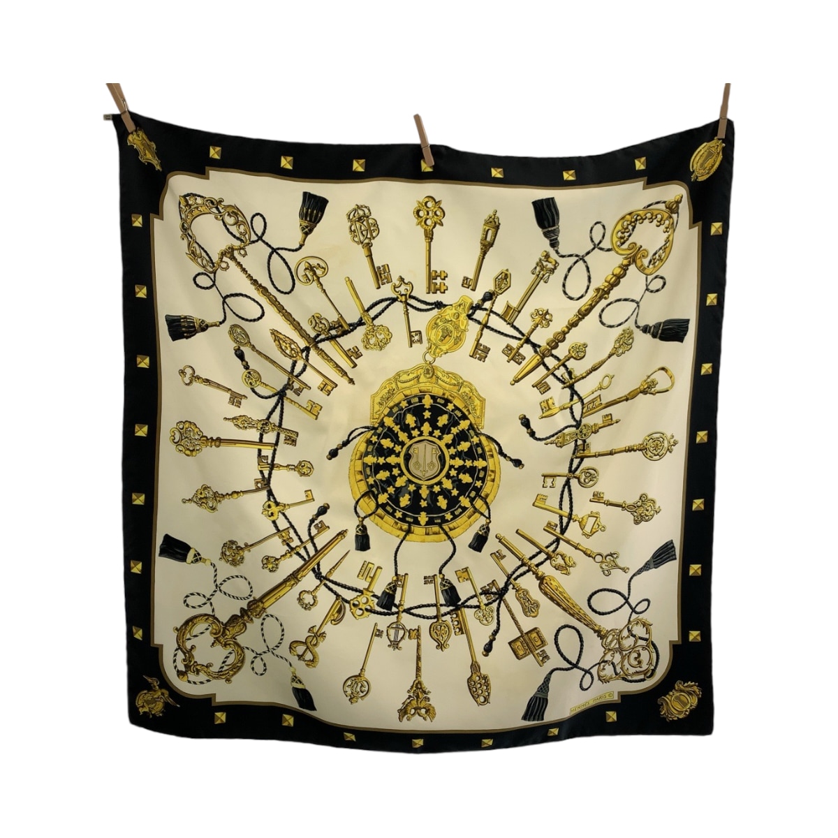 カレ90 LES CLES 鍵柄 ブラック マルチカラー シルク スカーフ 大判スカーフ レディース 410736