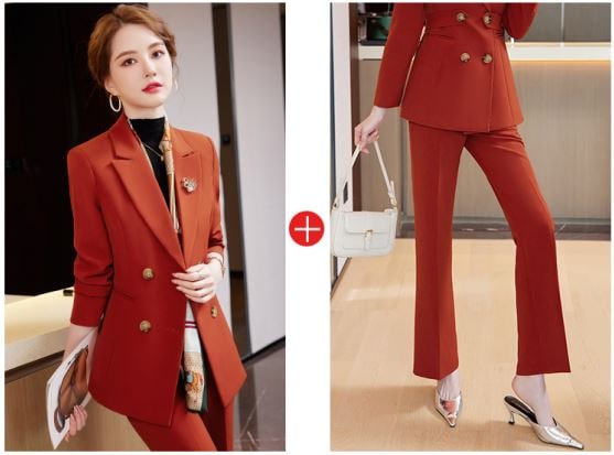 2024春と秋の新作イエロースーツ女性高級感洋風ファッション気質ワイドパンツスーツ2着