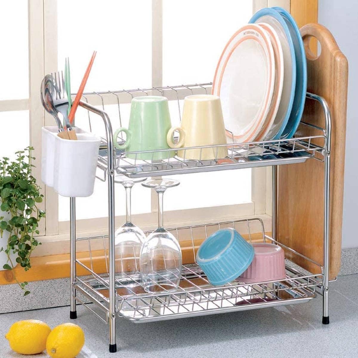 水切りラック フルーラ パイプ式ニ段水切りバスケット カトラリーポケット付き まな板立て付き ステンレス 2段 二段 水切りバスケット 水切りかご 水切りカゴ 水切り 大容量 食器洗い 皿洗い 5,151円