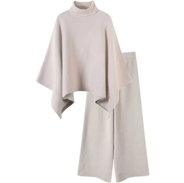 【本日限定】全4色！ニットセットアップ　セーターポンチョ　ウール混紡　ガウチョパンツ　ワイドパンツ　トップス ニット　体型カバー 着痩せ　ゆったり　レディース 秋 冬　ハイネック　ニットポンチョ　アウ 6,629円