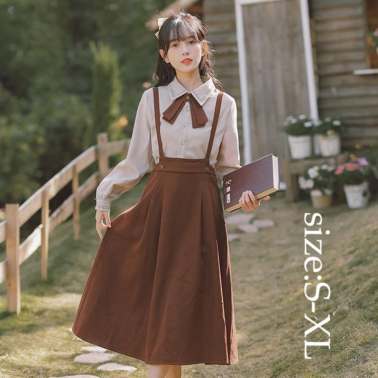 レディース スカートセット セットアップ ブラウス+サロペットスカート ファッション オシャレ 長袖ブラウス サロペットスカート 着痩せ 春秋 通勤 20代 30代 40代 学院風 上下セット きれい