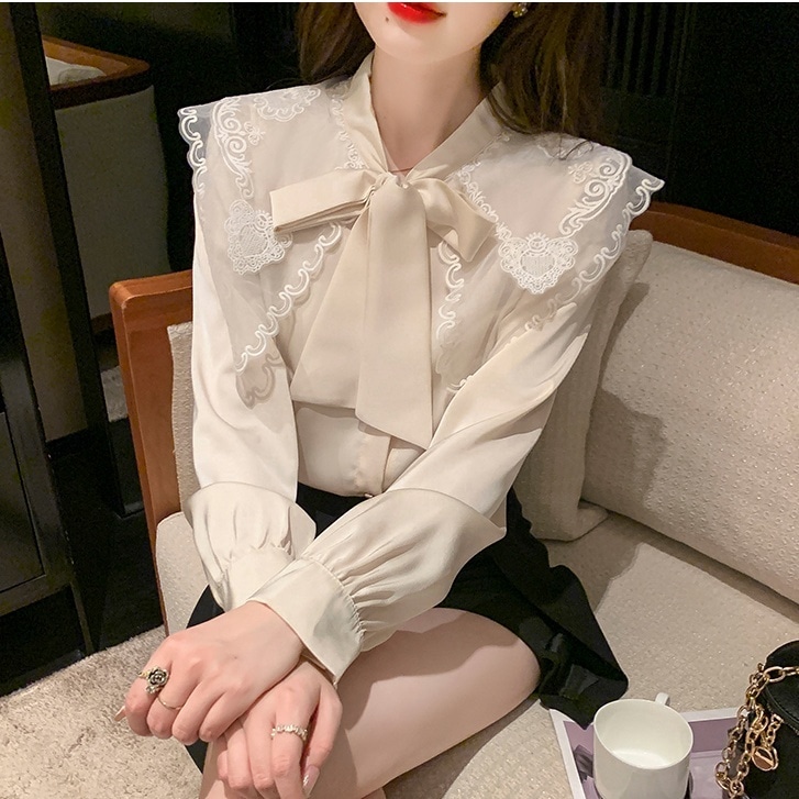 トップス シャツ ブラウス ミディアム丈 長袖 ビックカラー リボン 前開き ボタン 刺繡 シースルー かわいい 大人可愛い きれいめ シンプル カジュアル 上品 おしゃれ かっこいい 大人女子