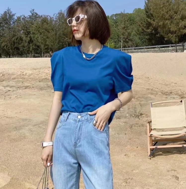 トップス デート モテアイテム カットソー チュニック バルーンスリーブ 無地 半袖 コットン 大人可愛い きれいめ 上品 おしゃれ かっこいい 大人可愛い ラブリー キュート ガーリー クール