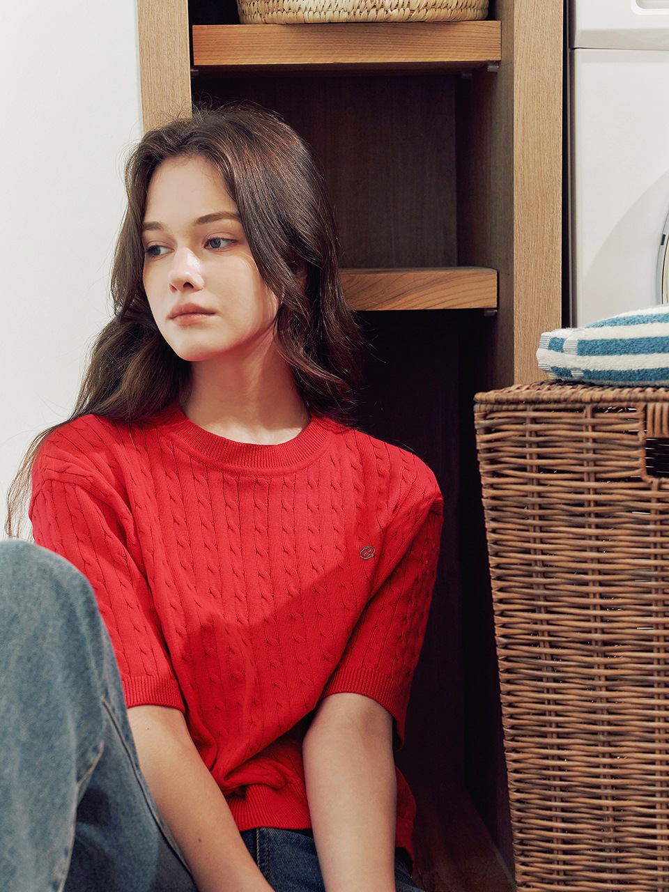 ハーフラウンド ケーブル ニット レッド