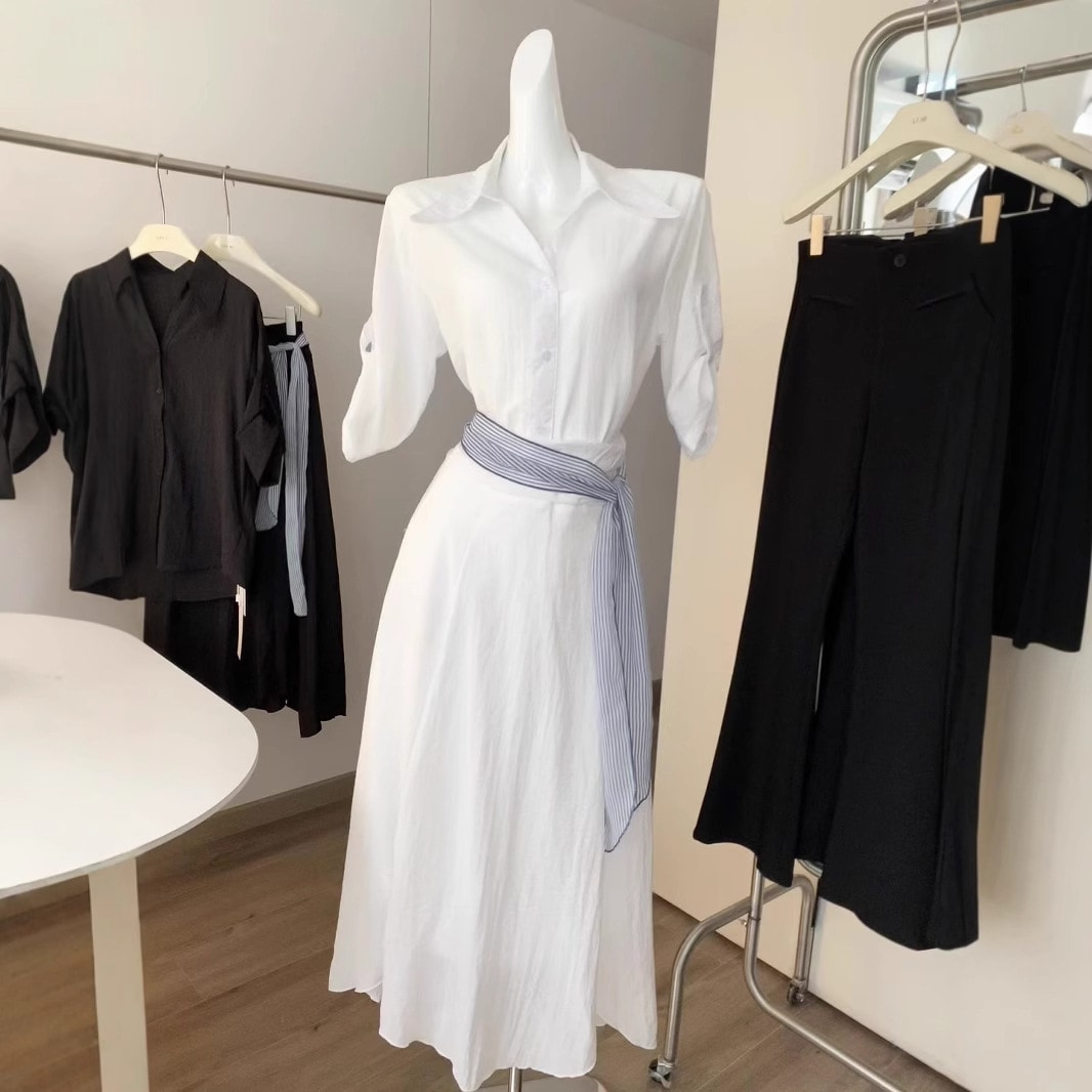 【急速出荷】フレンチスーツスカート2枚組お年玉風Vネック日焼け止めシャツ長袖シャツハイウエストA字スカート