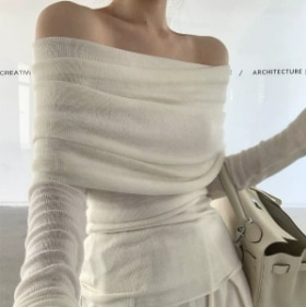 ワンショルダー ニット 薄手 トップス カットソー ニットソー レギュラー丈 長袖 ボリューム袖 Uネック オフショルダー デコルテ スリム 細身 ストレート スマート 裾ワイド シフォン 透け感