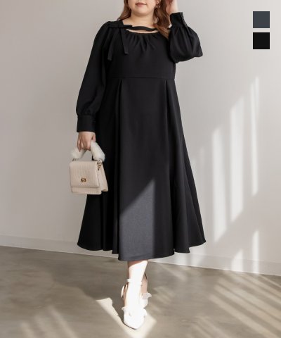 大きいサイズ レディース LL 3L 4L XL XXL XXXL CLETTEオリジナルデコルテリボンワンピース