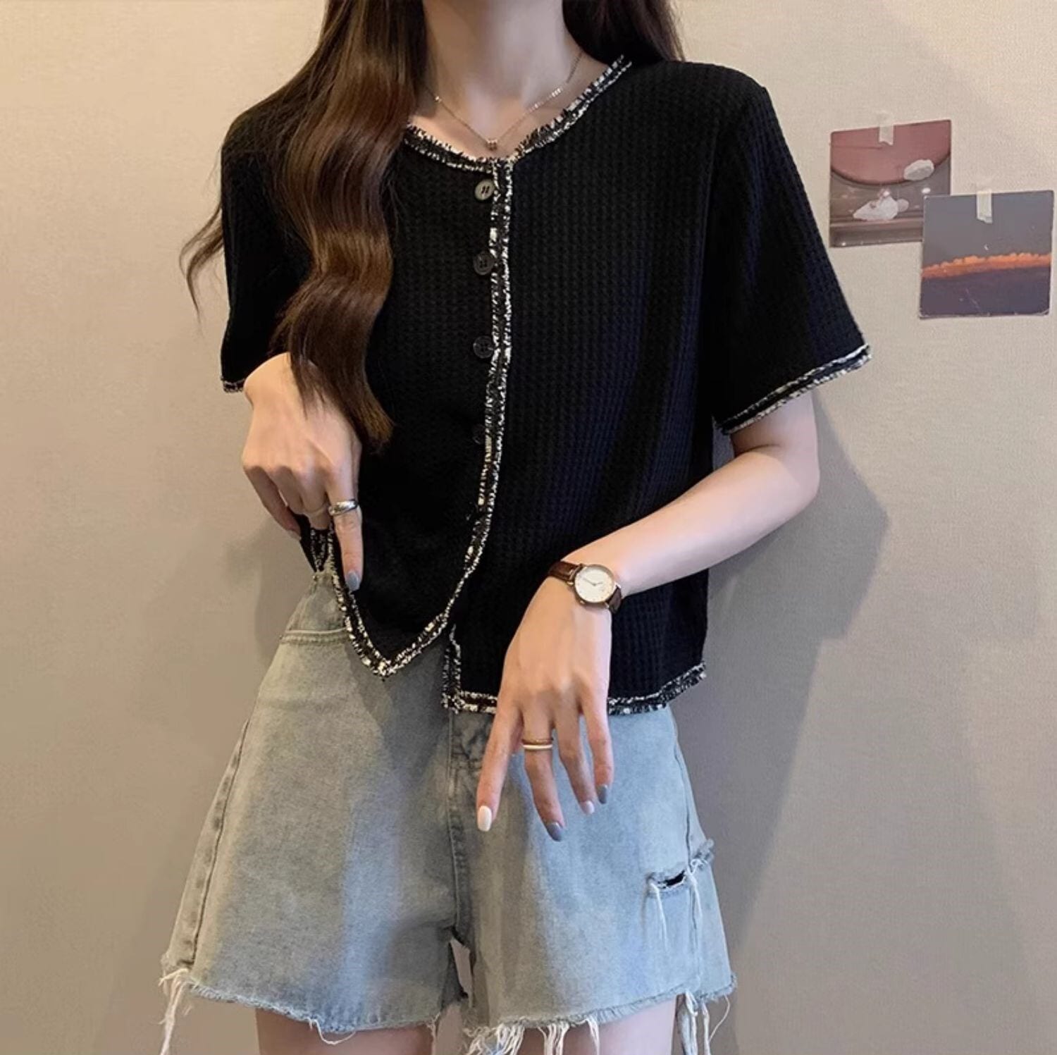レディース トップス カーディガン カットソー ニット サマーニット ショート 半袖 クルーネック 襟なし フェミニン リブニット ボタン 大人可愛い きれいめ シンプル カジュアル おしゃれ