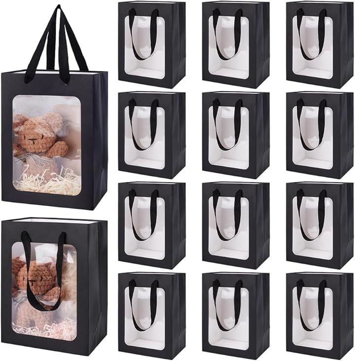 30枚 ギフト紙袋 手提げ紙袋 透明窓付 ラッピング袋 ギフトバッグ 厚手 ギフトボックス ハンドル付き ペーパーバッグ お祝い 贈り物(ブラック, 25x17.9x13cm)