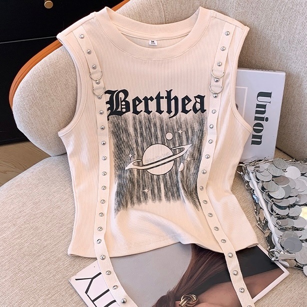 レディース トップス プルオーバー 肩出し 肌見せ スタッズ ロッカー タンクトップ 袖なし ノースリーブ ラウンドネック タイト スリム 細身 アメカジ シンプル カジュアル おしゃれ かっこいい